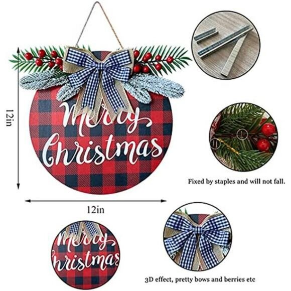 Merry Christmas Wreaths for Front Door Hanging Sign Buffalo Plaid Christmas - Picture 4 of 6
